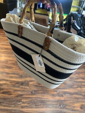 Bentley Striped Woven Tote Bag with Bamboo Handles - Black & Cream